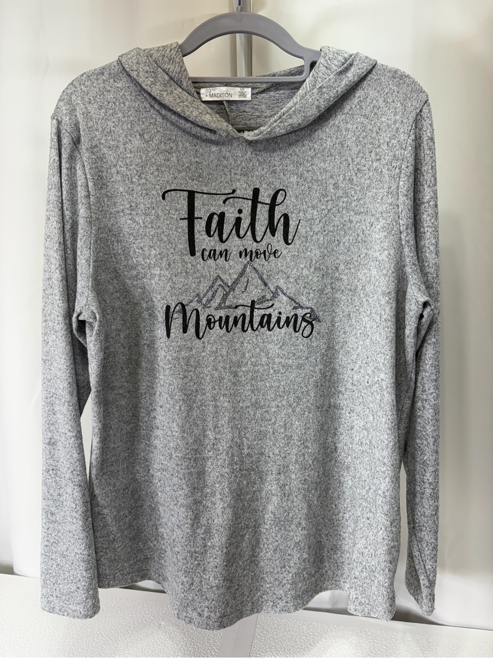 Madison Heather Gray Knit Hoodie with Tag Detail 3466